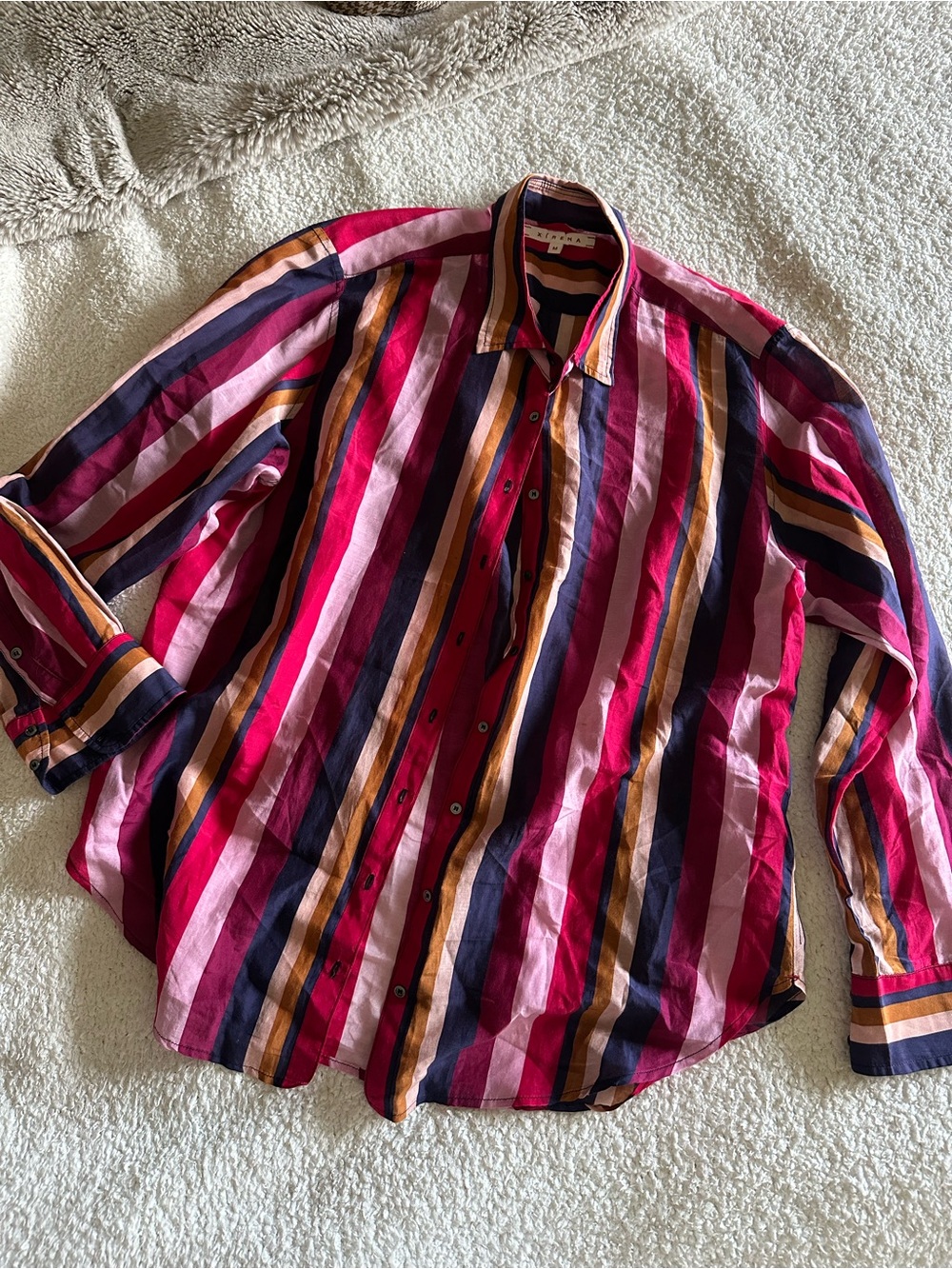 Xirena 70% Cotton 30% Silk Striped Button Down Shirt Medium Pink Navy Oversized